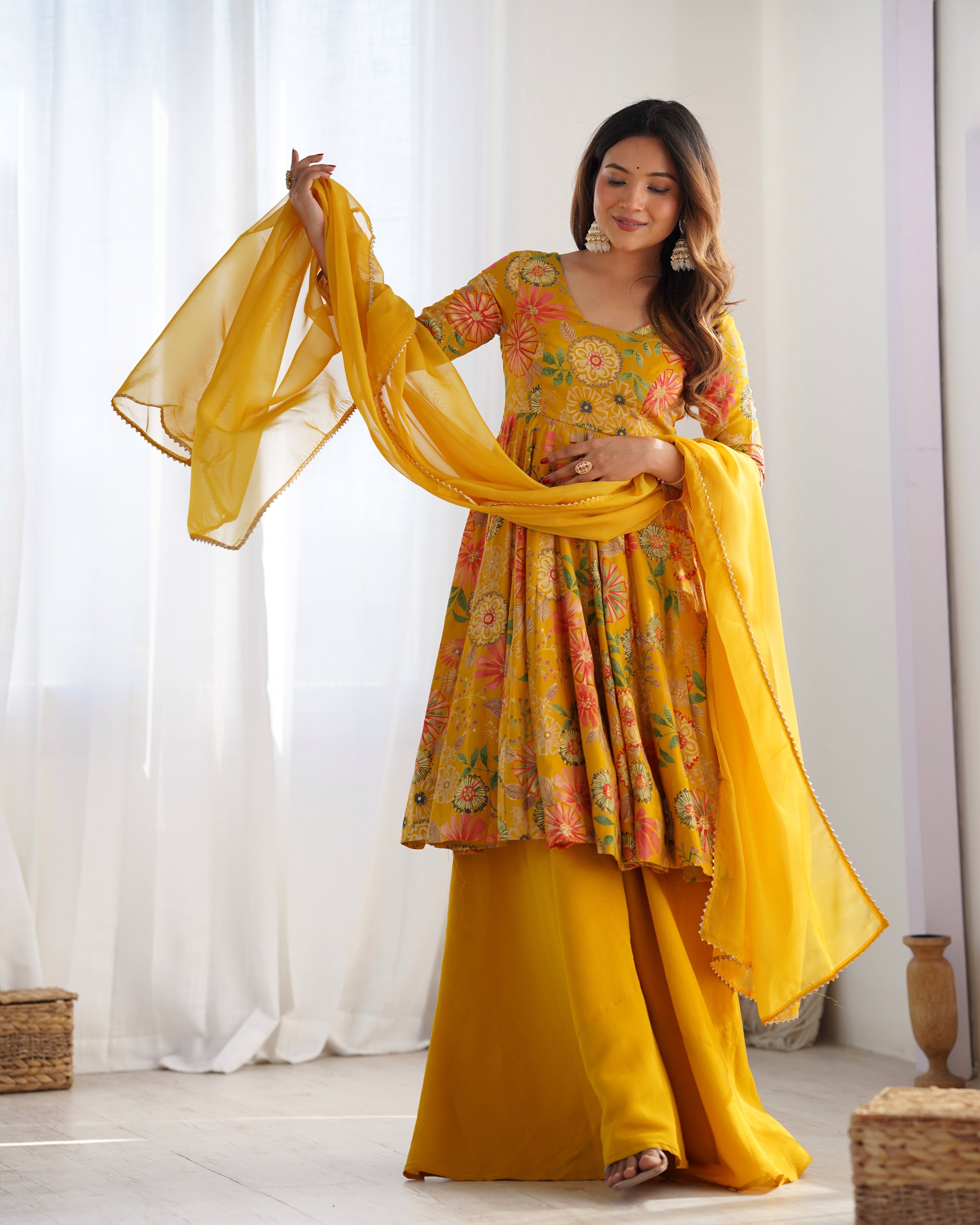 ARENIVA Floral Roman Silk Chanderi Anarkali Set with Palazzo & Dupatta