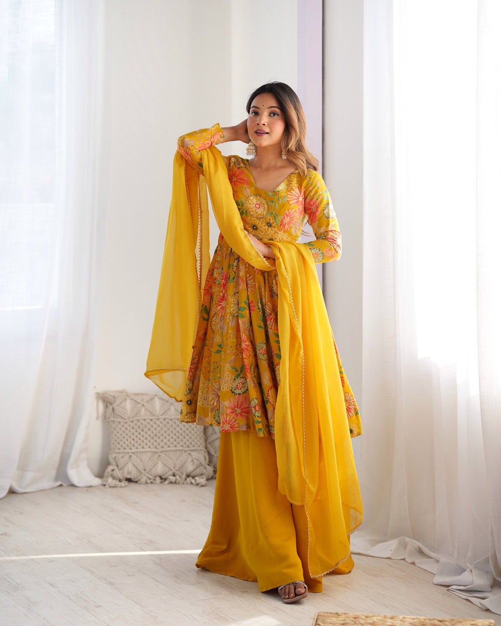 ARENIVA Floral Roman Silk Chanderi Anarkali Set with Palazzo & Dupatta