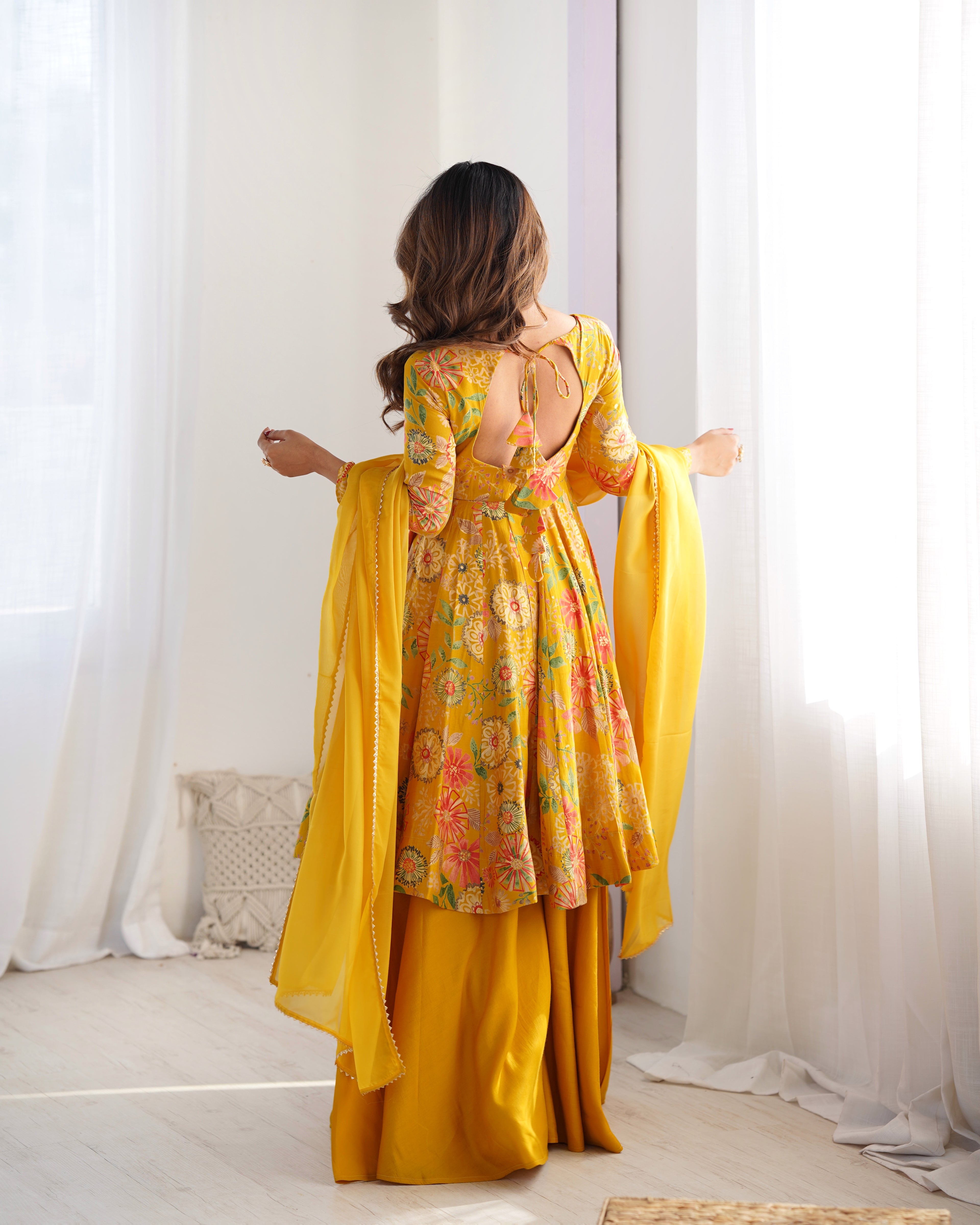 ARENIVA Floral Roman Silk Chanderi Anarkali Set with Palazzo & Dupatta