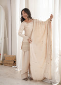 ARENIVA Ivory Embroidered Roman Silk Chanderi Kurta Set with Palazzo & Dupatta