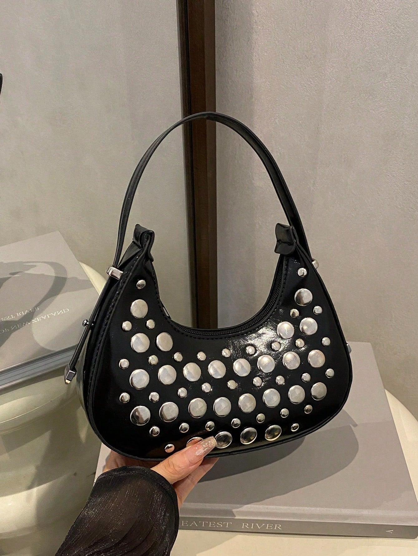 Black Colour Crescent Moon Shaped Hand Bag for Women