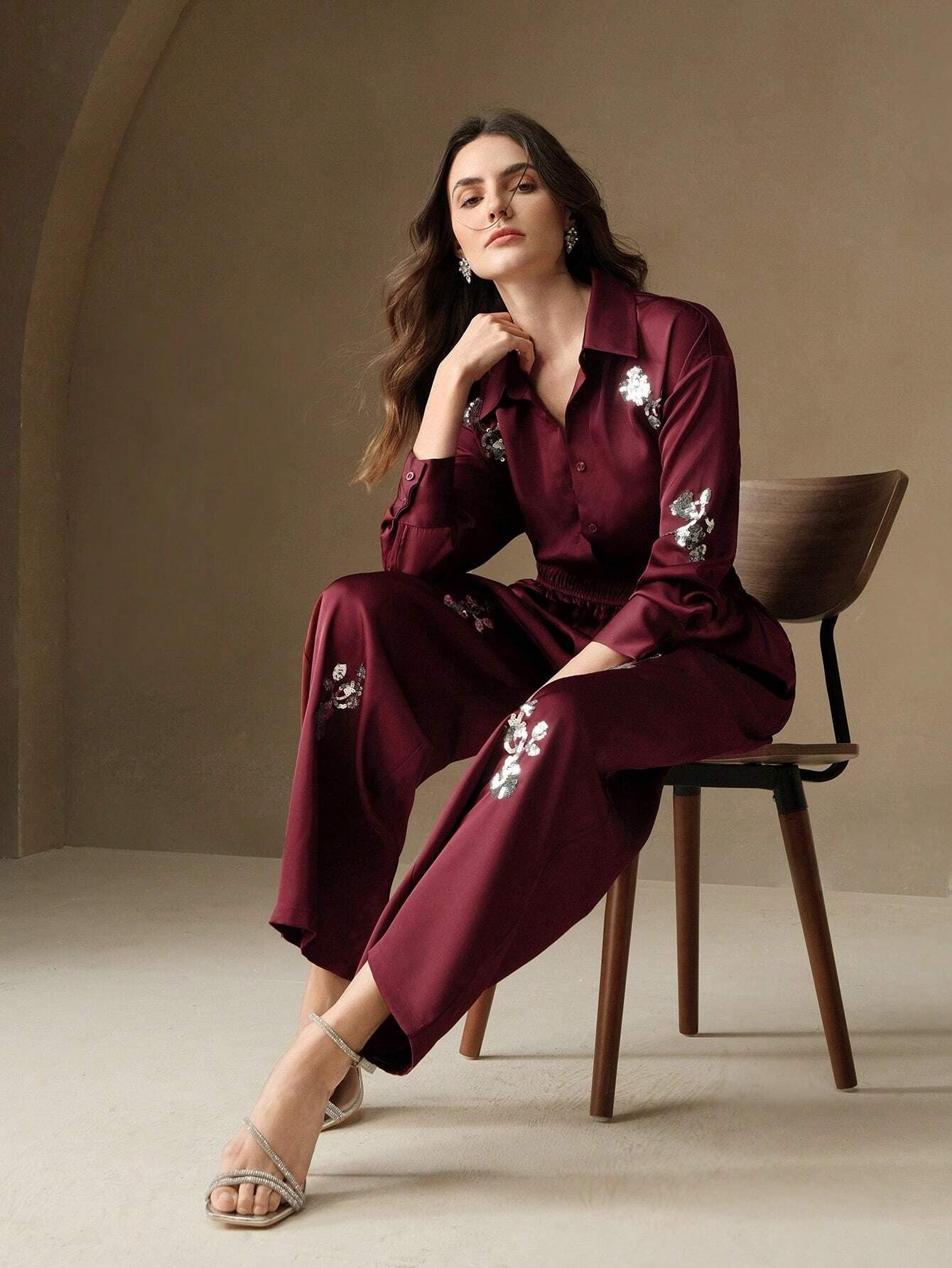 ClassI Wine Red Colour Comfortable Women's Co-Ord Set with Floral Print