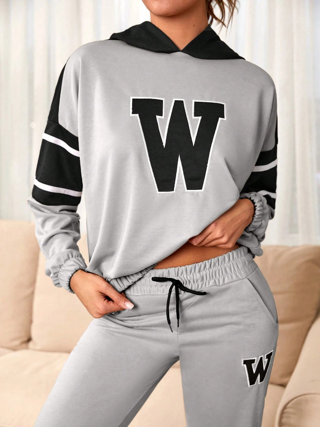 Women’s Grey Co-Ord Set with Graphic Print with Hoodie