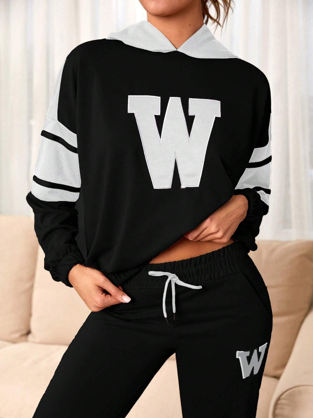 Women’s Deep Black Co-Ord Set with Graphic Print with Hoodie