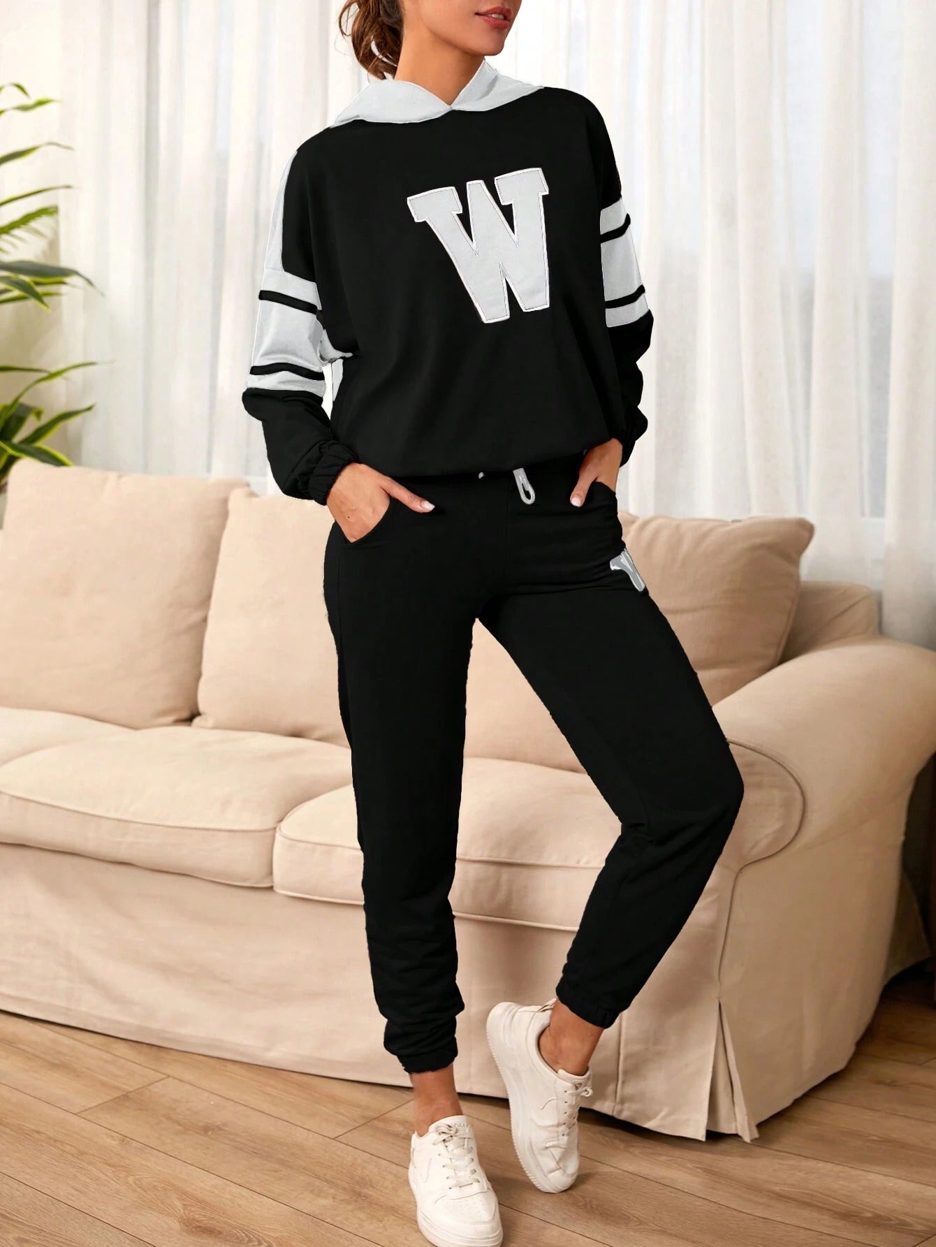 Women’s Deep Black Co-Ord Set with Graphic Print with Hoodie