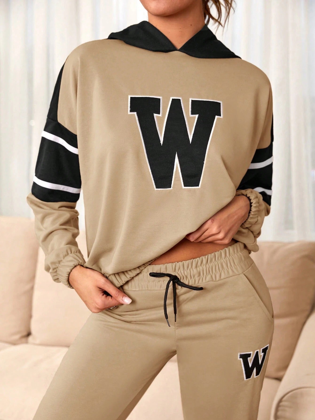 Women’s Beige Tracksuit Co-Ord Set with Graphic Print with Hoodie