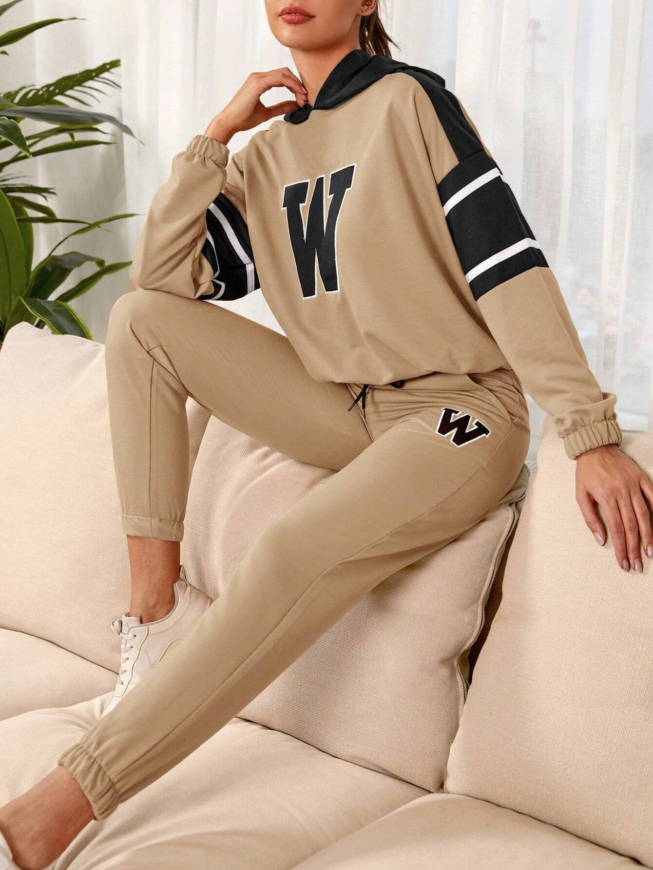 Women’s Beige Tracksuit Co-Ord Set with Graphic Print with Hoodie