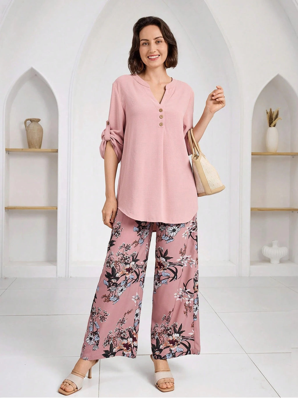 Women’s Floral Print Wide Leg Pant & Solid Top Co-Ord Set – Pink