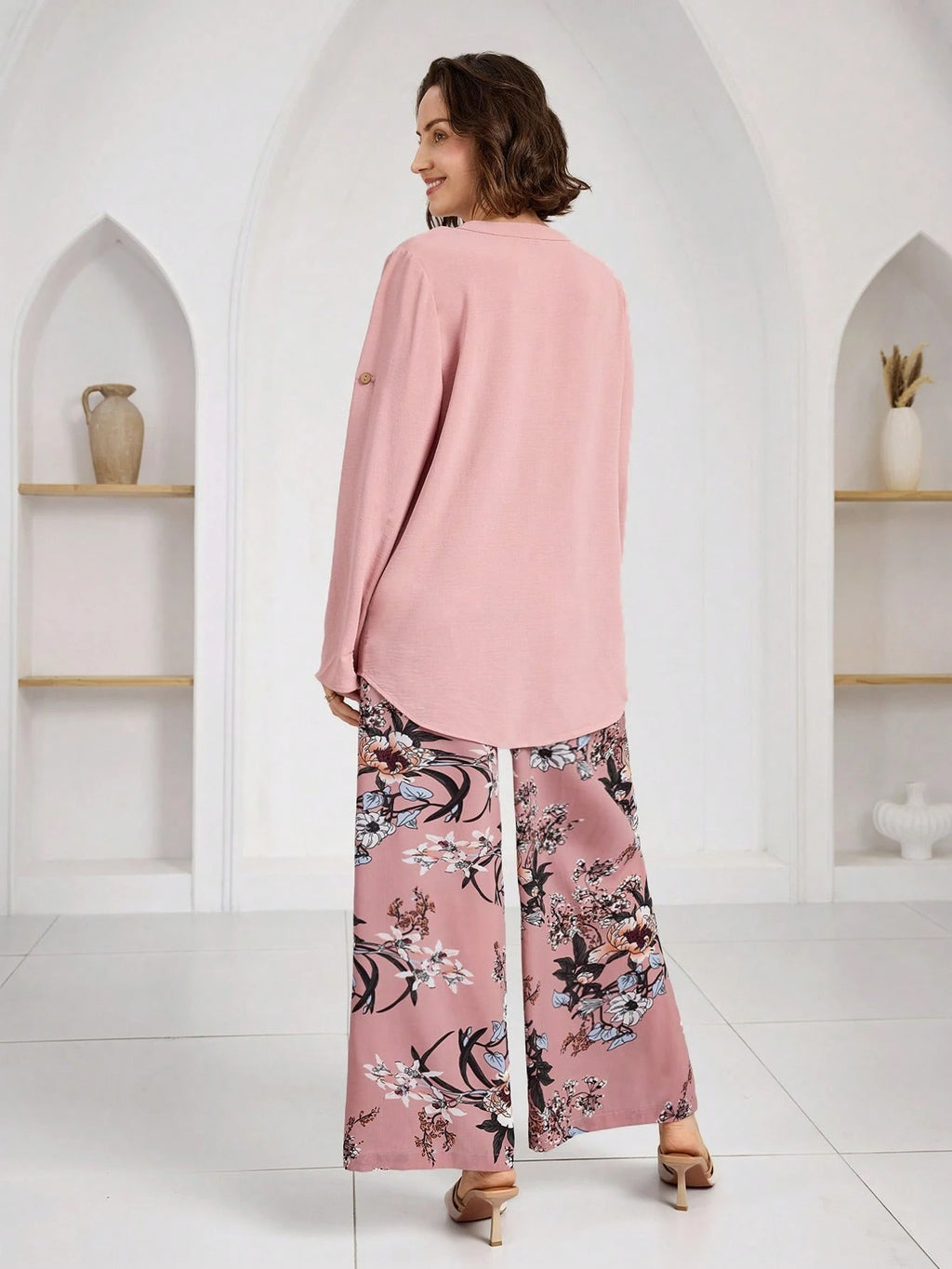 Women’s Floral Print Wide Leg Pant & Solid Top Co-Ord Set – Pink