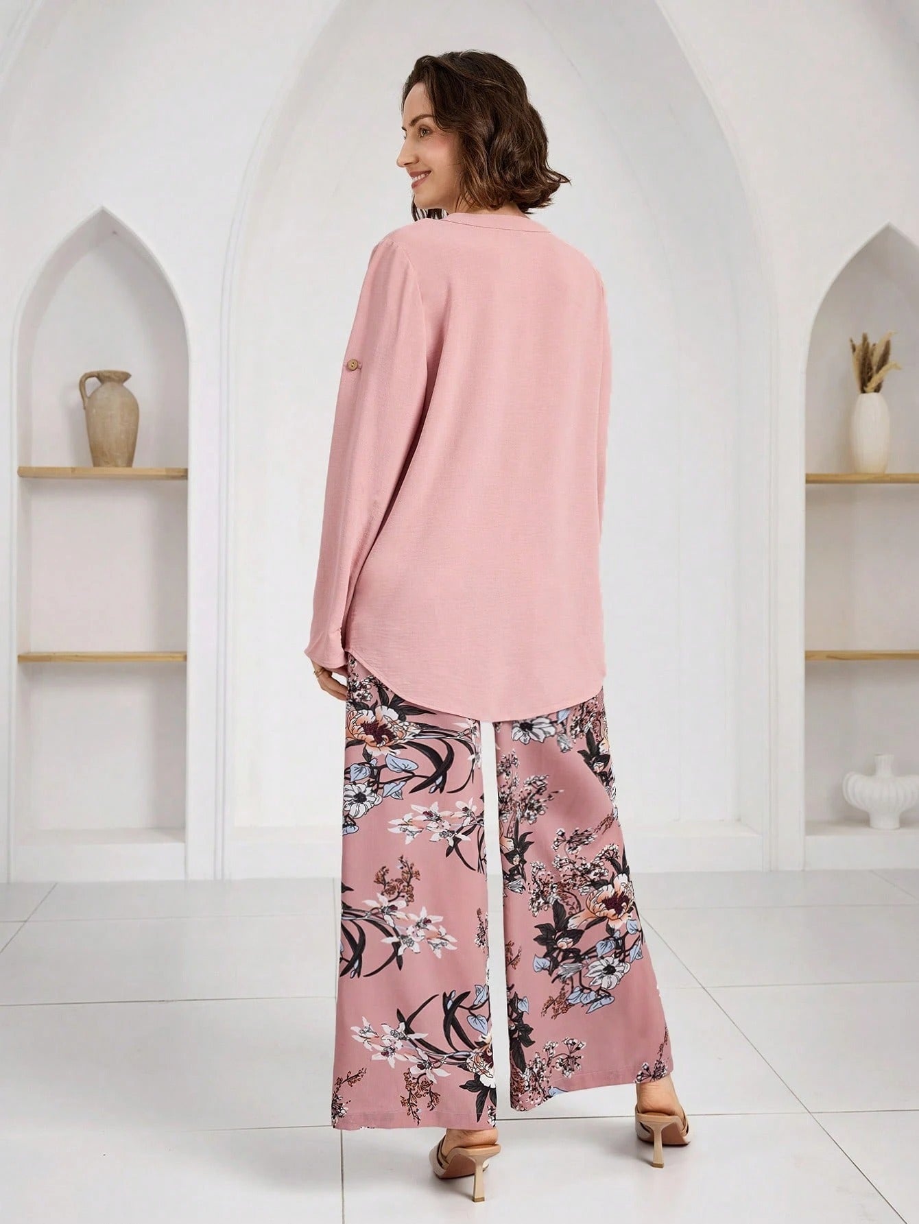 Women’s Floral Print Wide Leg Pant & Solid Top Co-Ord Set – Pink