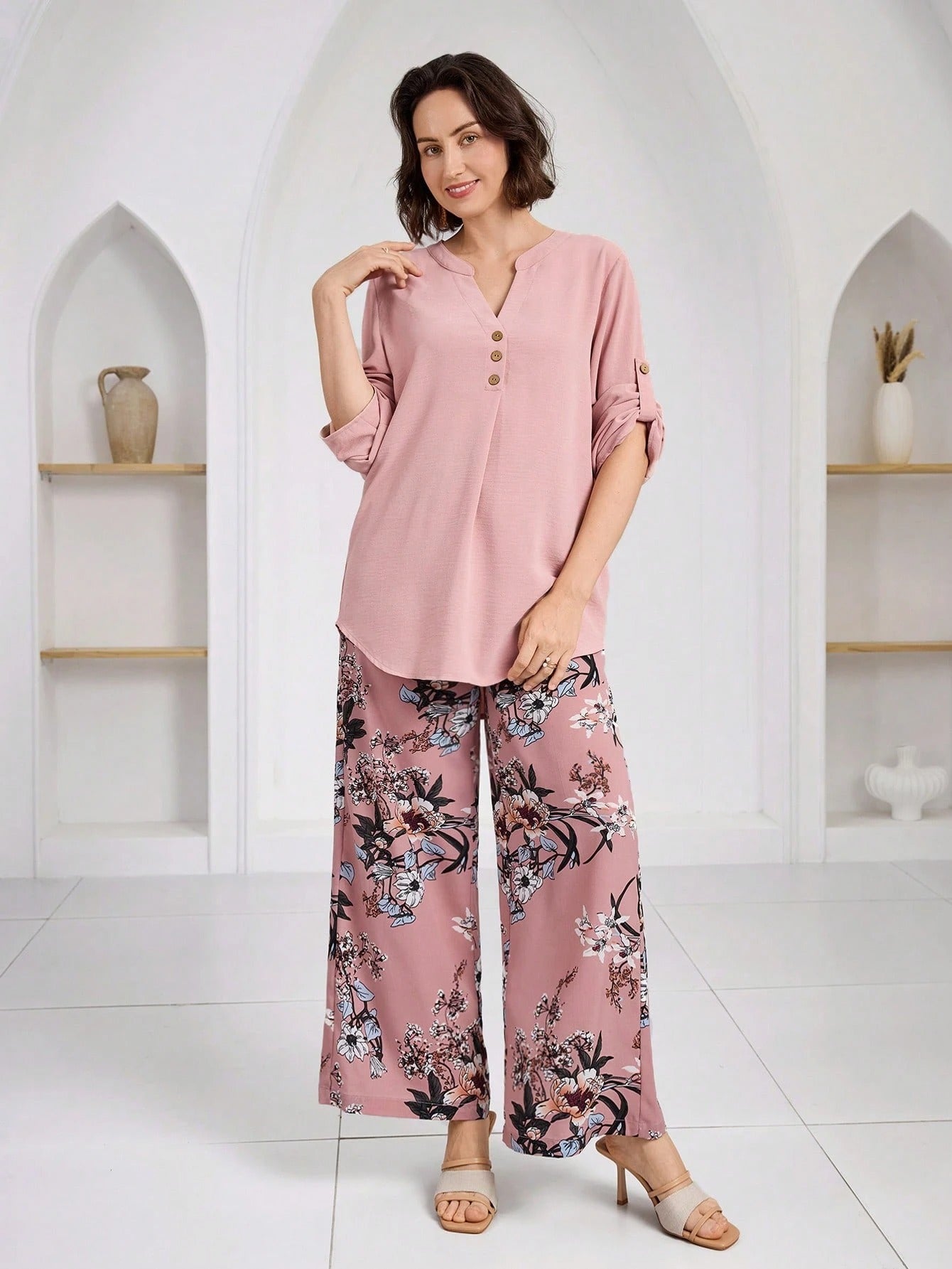 Women’s Floral Print Wide Leg Pant & Solid Top Co-Ord Set – Pink
