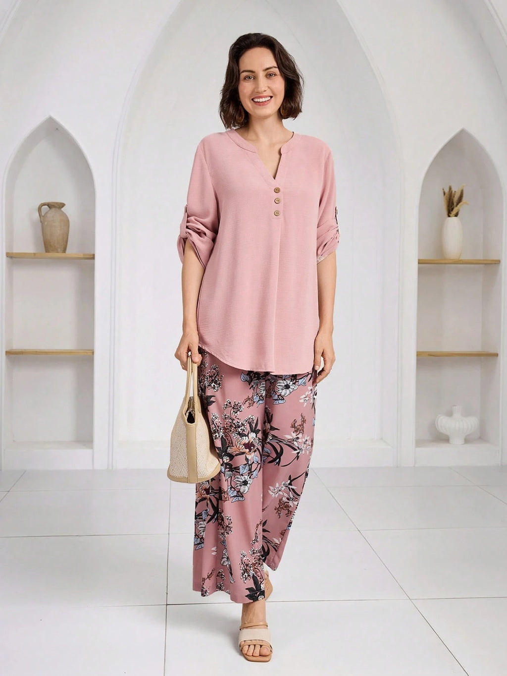 Women’s Floral Print Wide Leg Pant & Solid Top Co-Ord Set – Pink