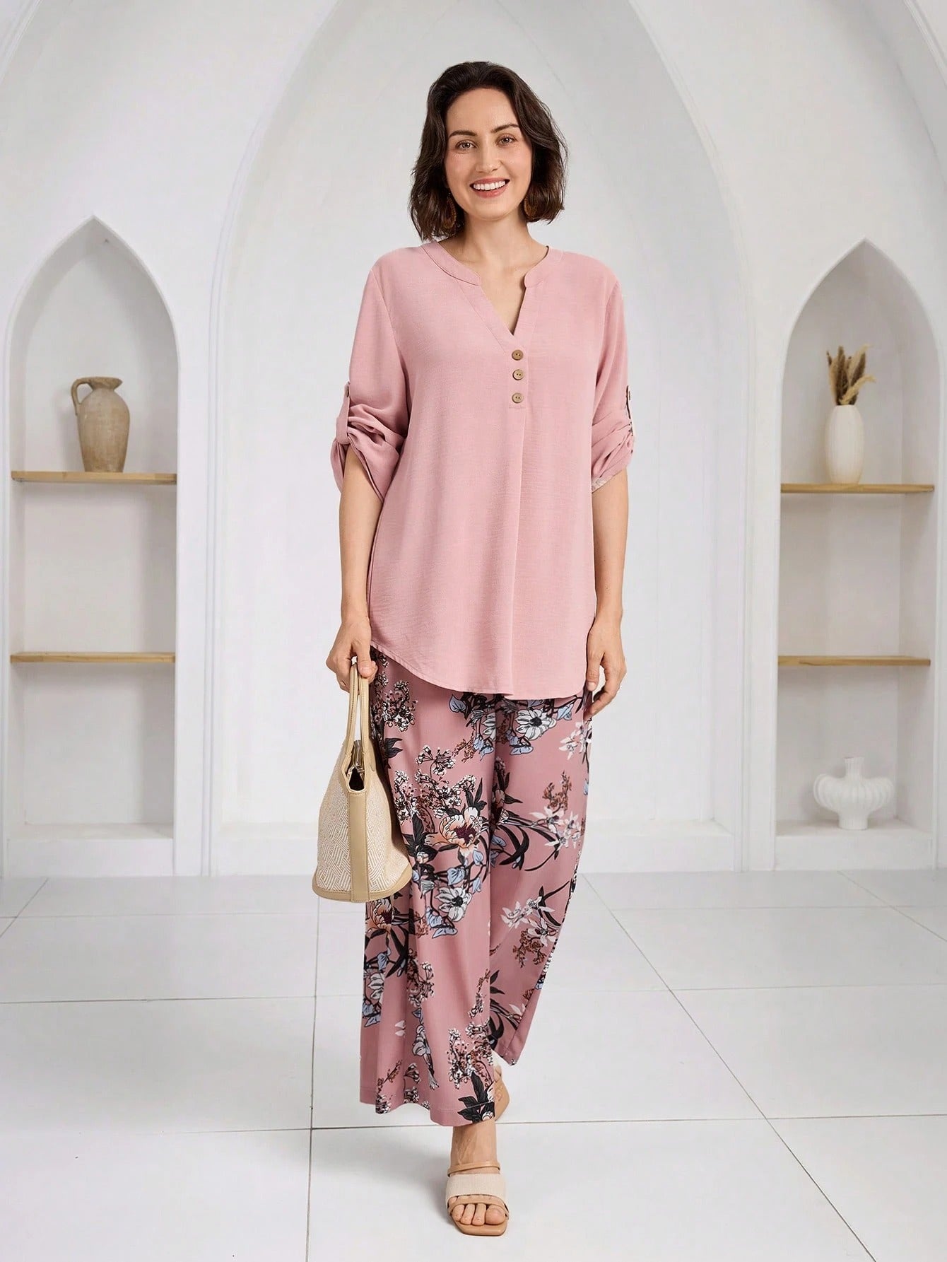 Women’s Floral Print Wide Leg Pant & Solid Top Co-Ord Set – Pink