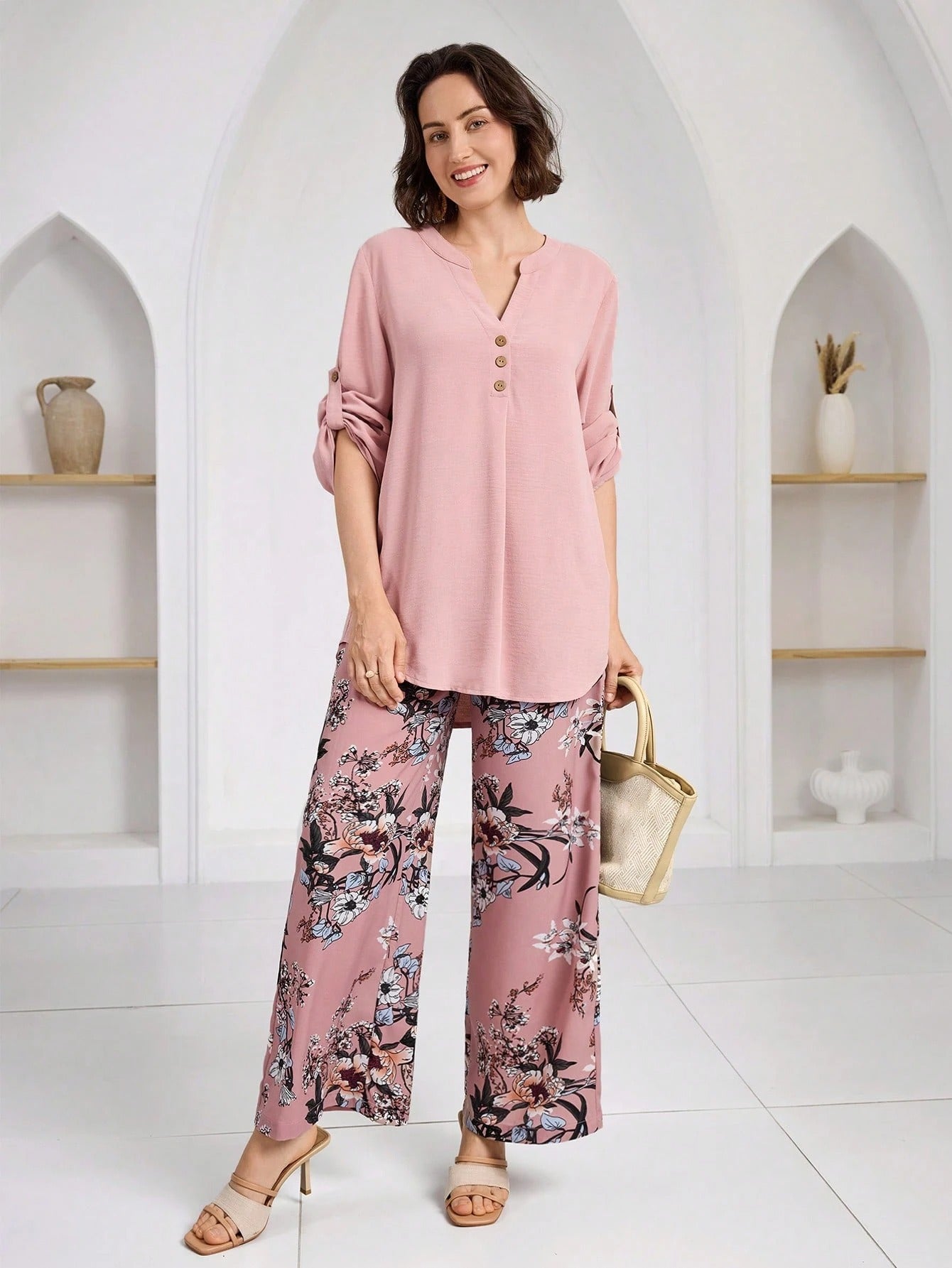 Women’s Floral Print Wide Leg Pant & Solid Top Co-Ord Set – Pink