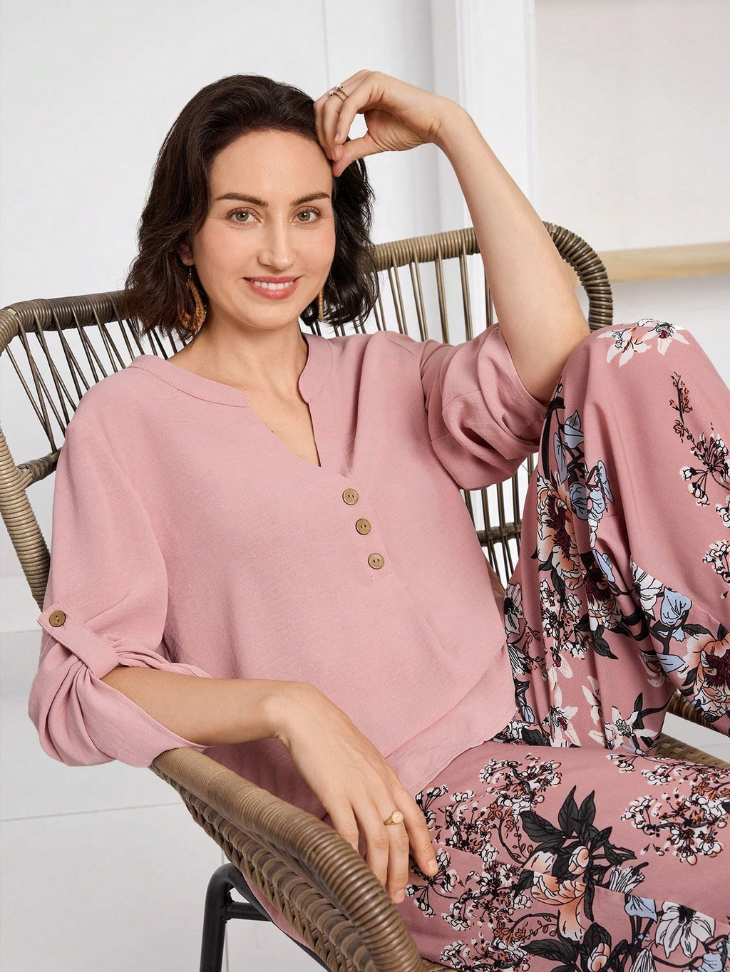 Women’s Floral Print Wide Leg Pant & Solid Top Co-Ord Set – Pink