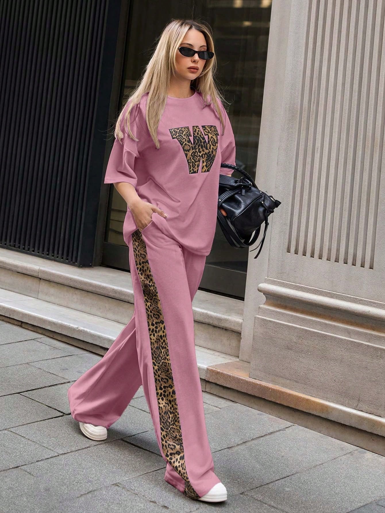 Cherry Blossom Colour Women's Co-Ord Set with Leapord Print