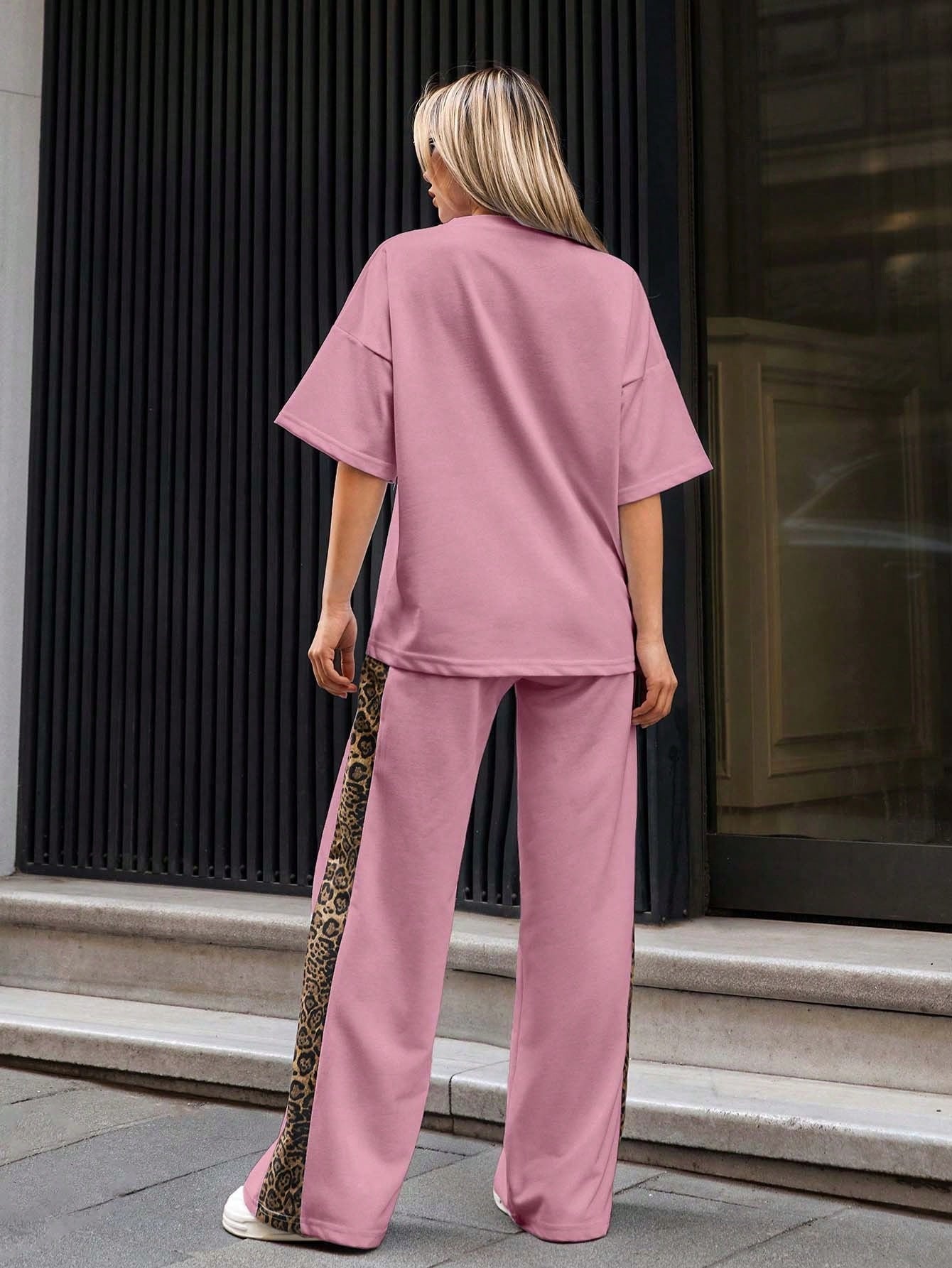 Cherry Blossom Colour Women's Co-Ord Set with Leapord Print