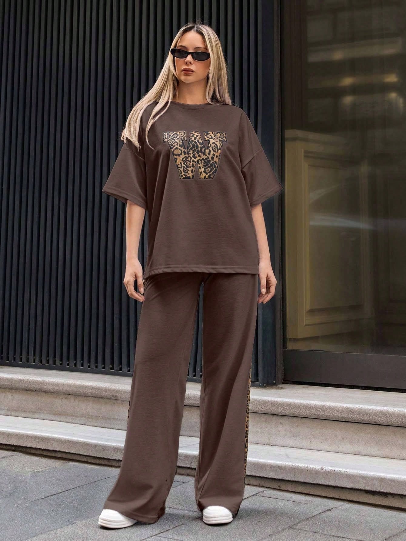 Mud Brown Colour Women's Co-Ord Set with Leapord Print