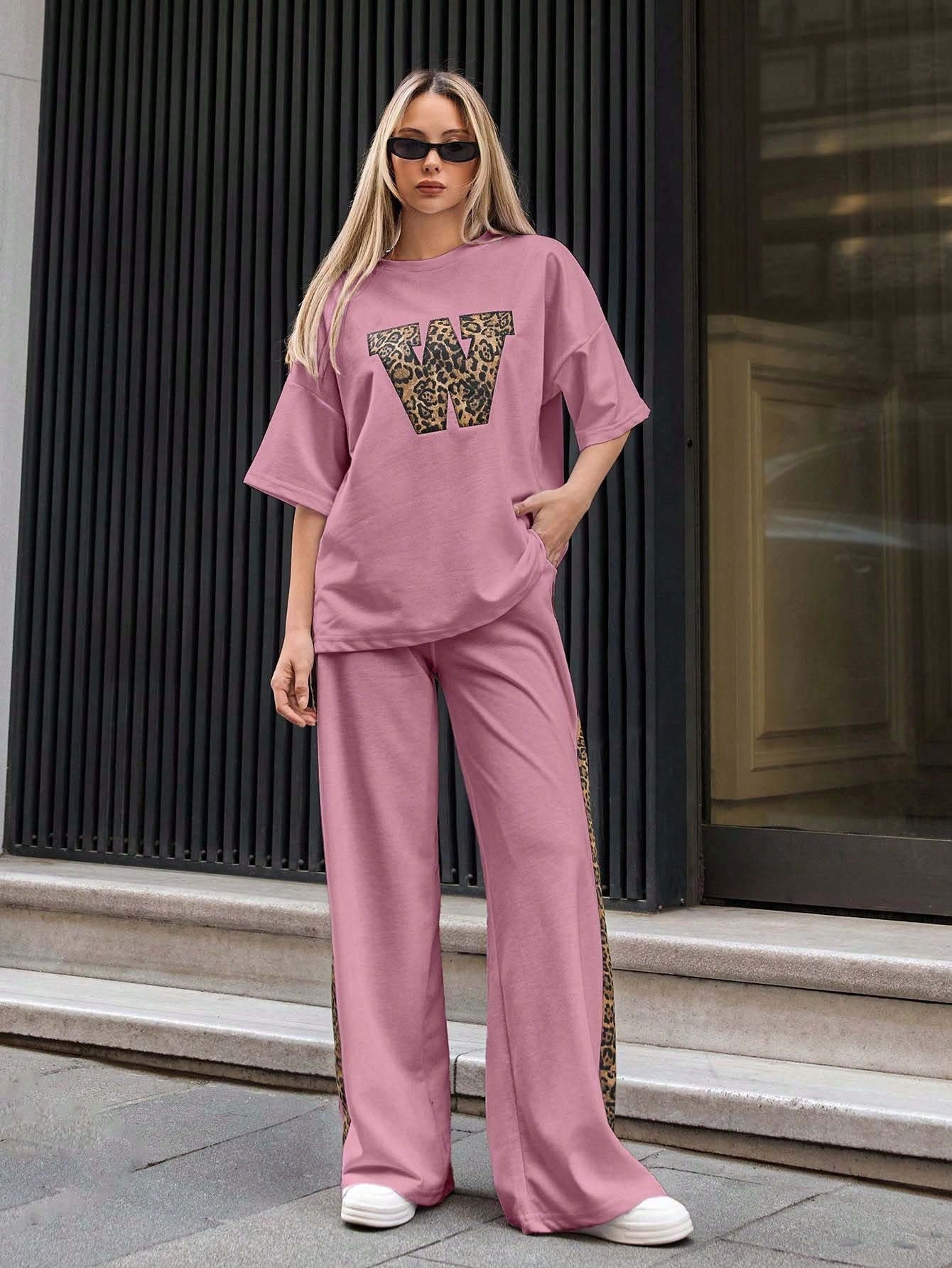 Cherry Blossom Colour Women's Co-Ord Set with Leapord Print