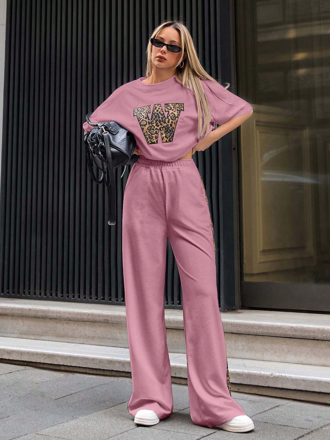 Cherry Blossom Colour Women's Co-Ord Set with Leapord Print