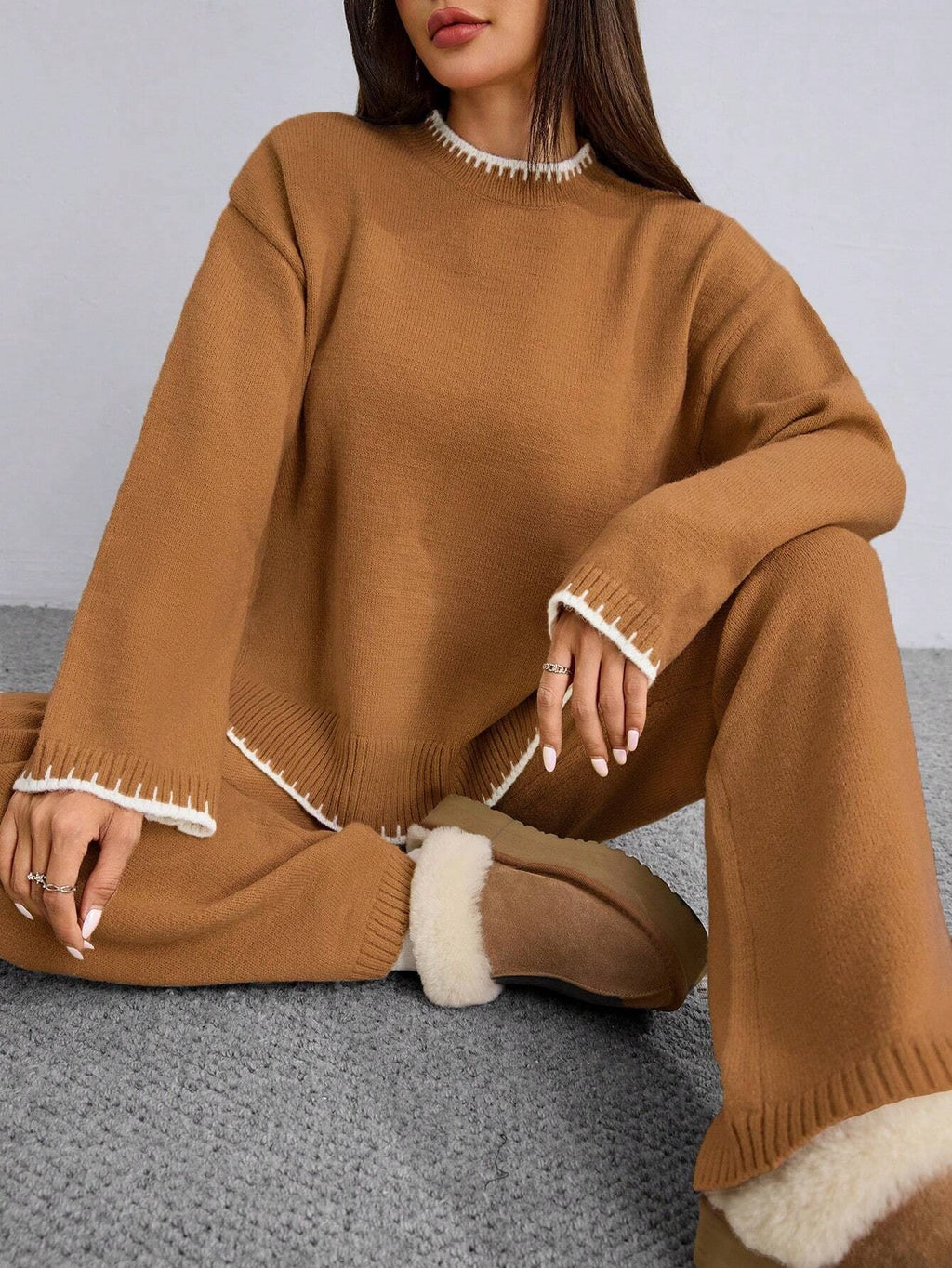 Women’s Knitted Loungewear Co-Ord Set – Camel Brown
