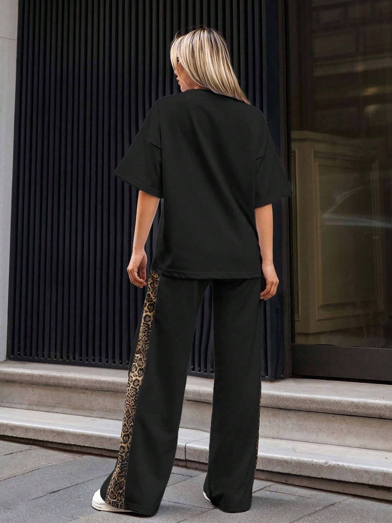 Deep Black Colour Women's Co-Ord Set with Leapord Print