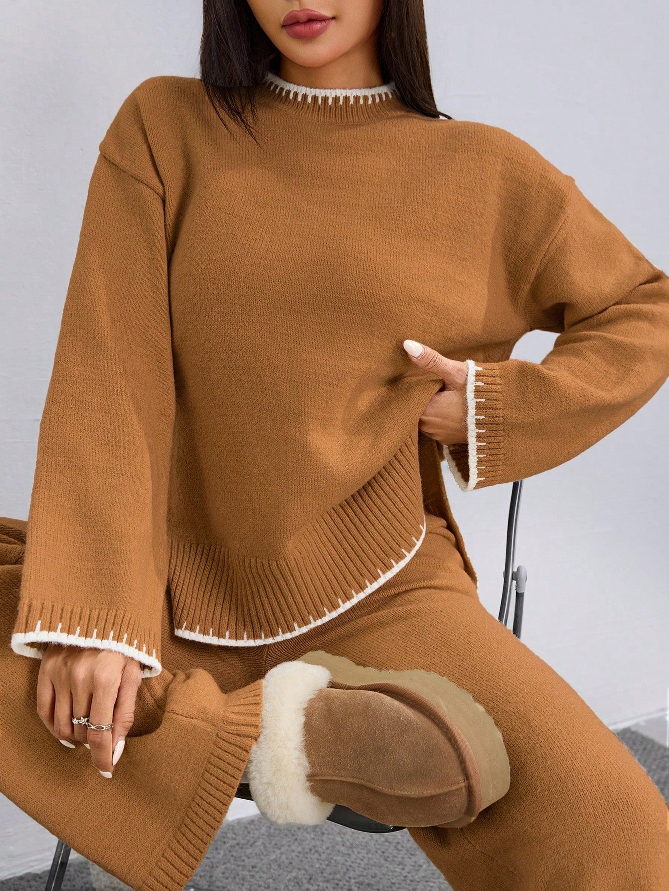 Women’s Knitted Loungewear Co-Ord Set – Camel Brown