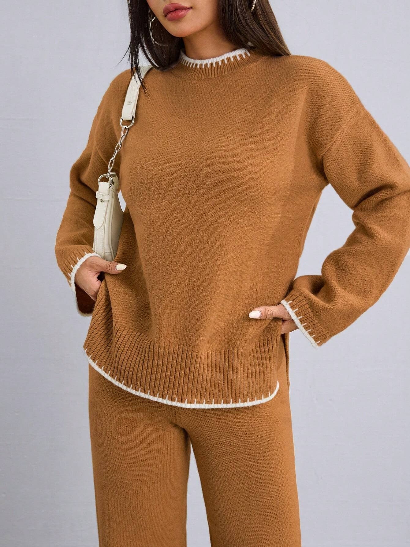 Women’s Knitted Loungewear Co-Ord Set – Camel Brown