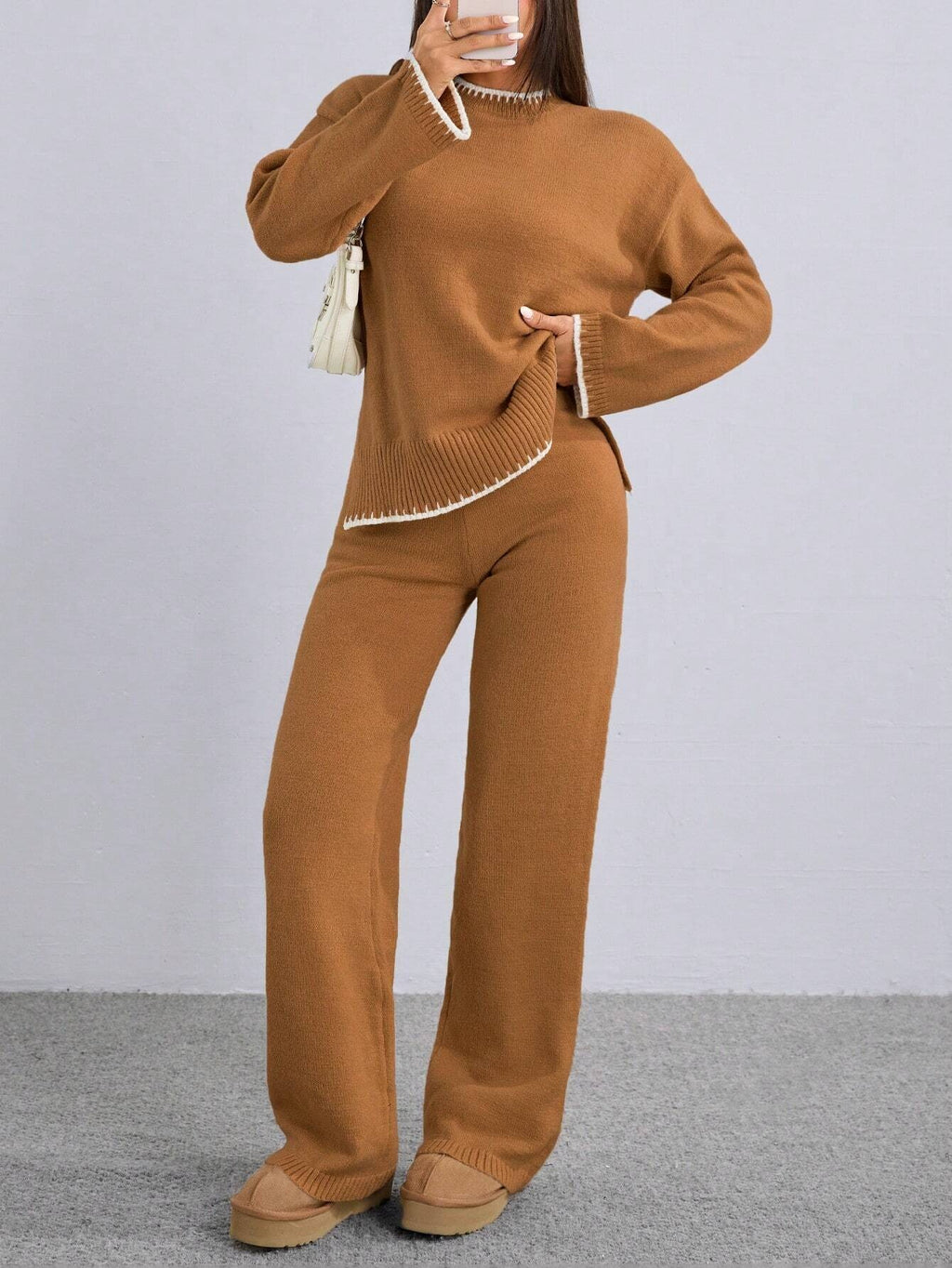 Women’s Knitted Loungewear Co-Ord Set – Camel Brown