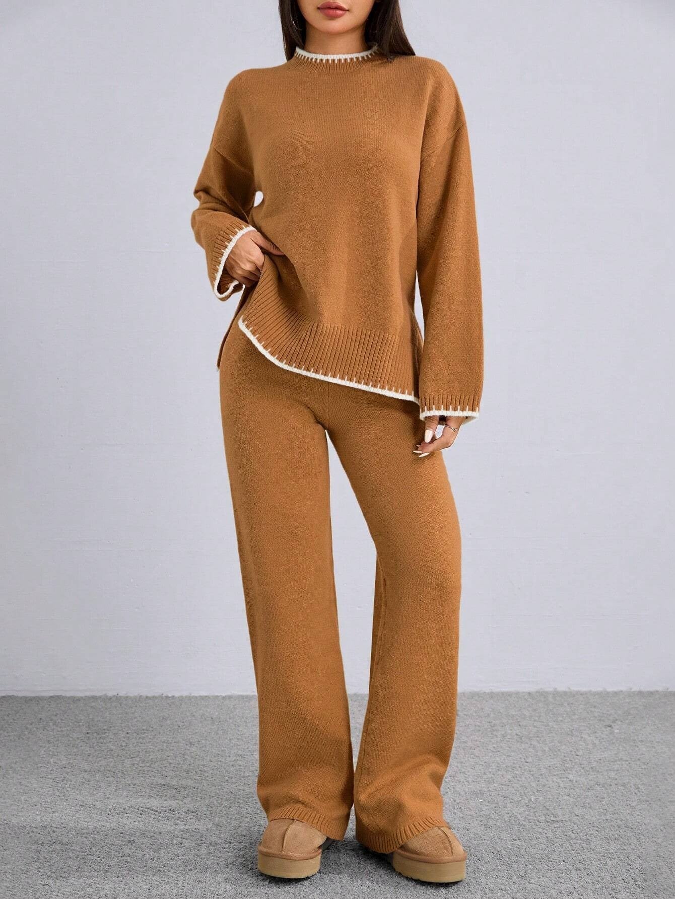 Women’s Knitted Loungewear Co-Ord Set – Camel Brown