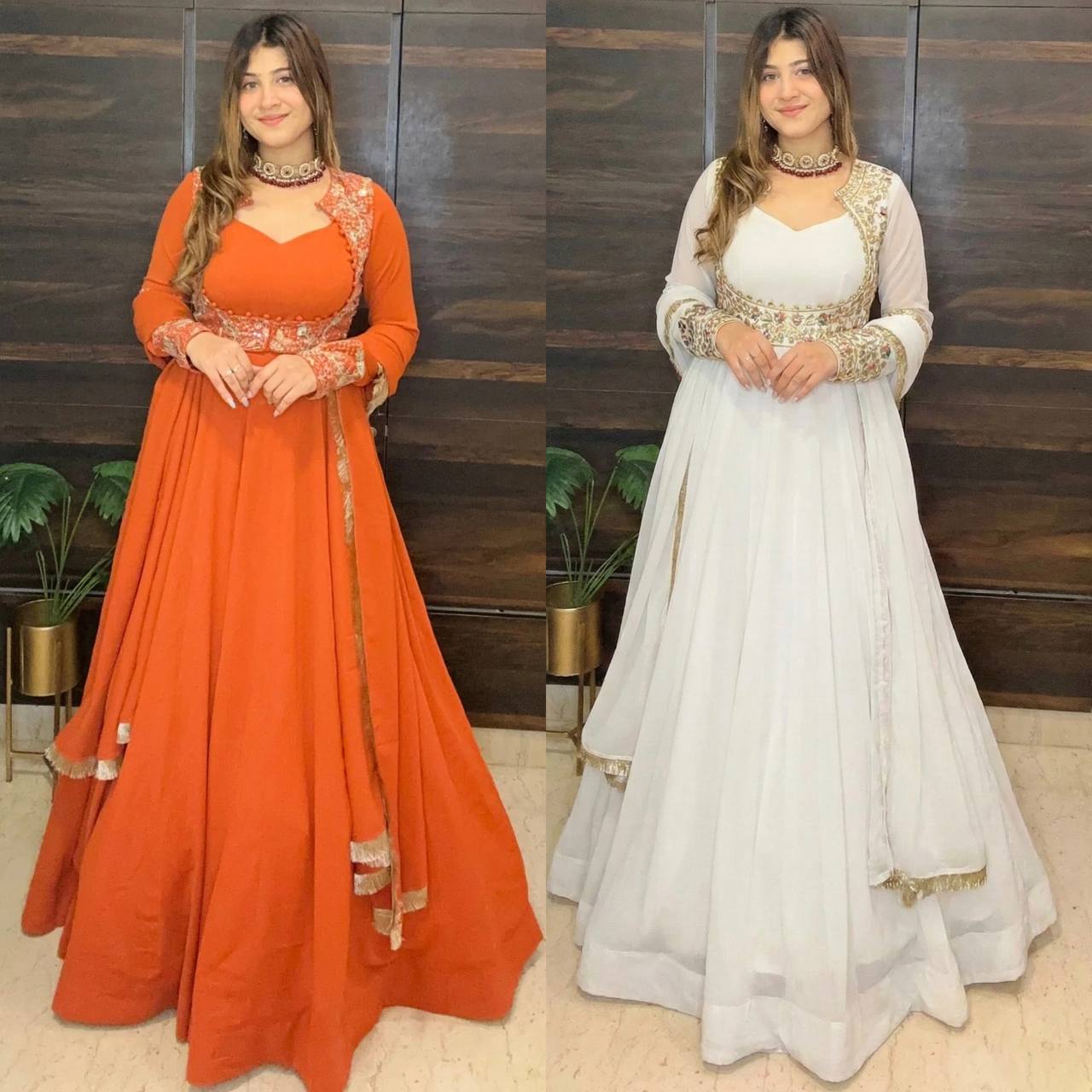 Designer Faux Georgette Maxi Anarkali Suit with Embroidered Koti, Pant & Dupatta – Festive Collection