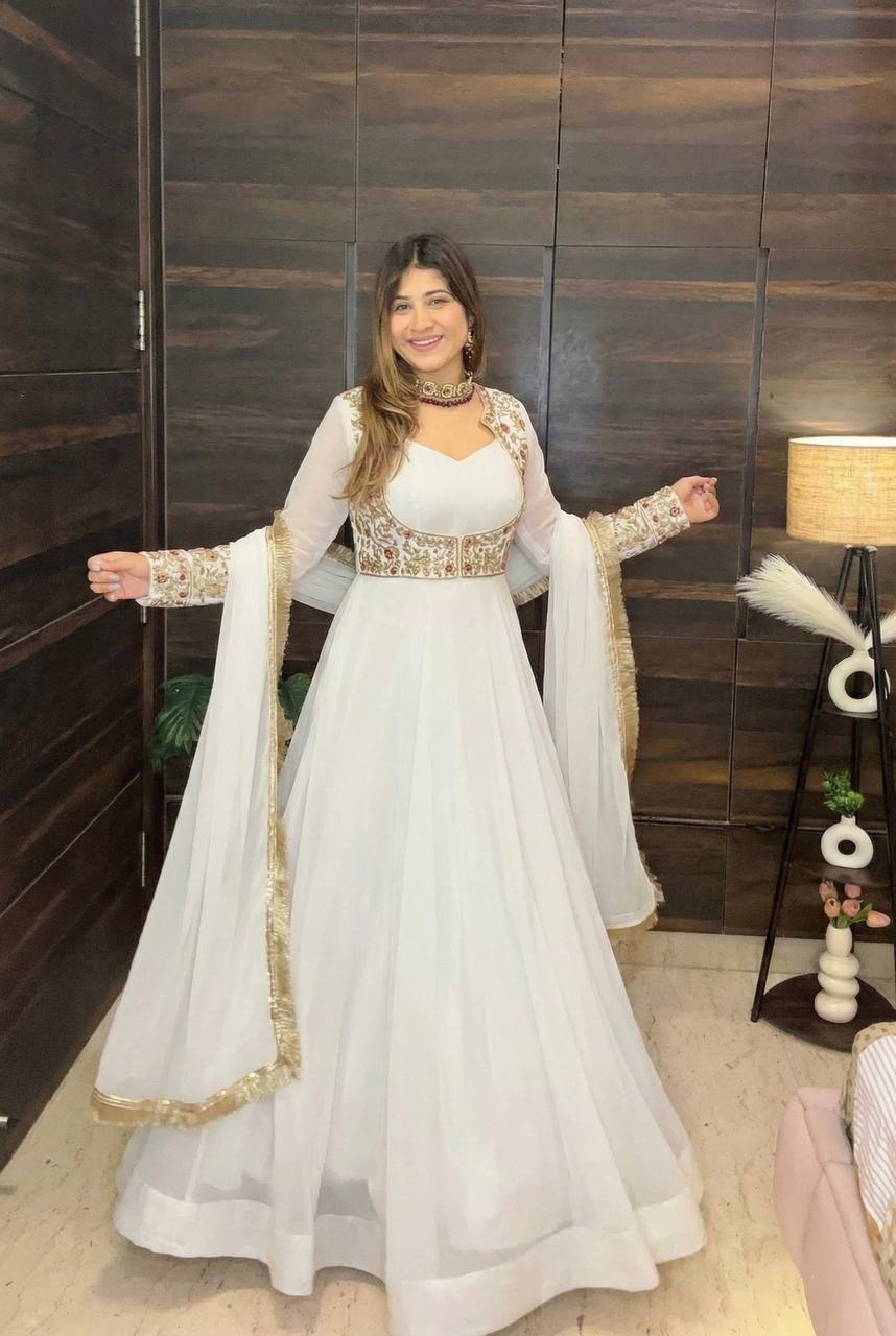 Designer Faux Georgette Maxi Anarkali Suit with Embroidered Koti, Pant & Dupatta – Festive Collection