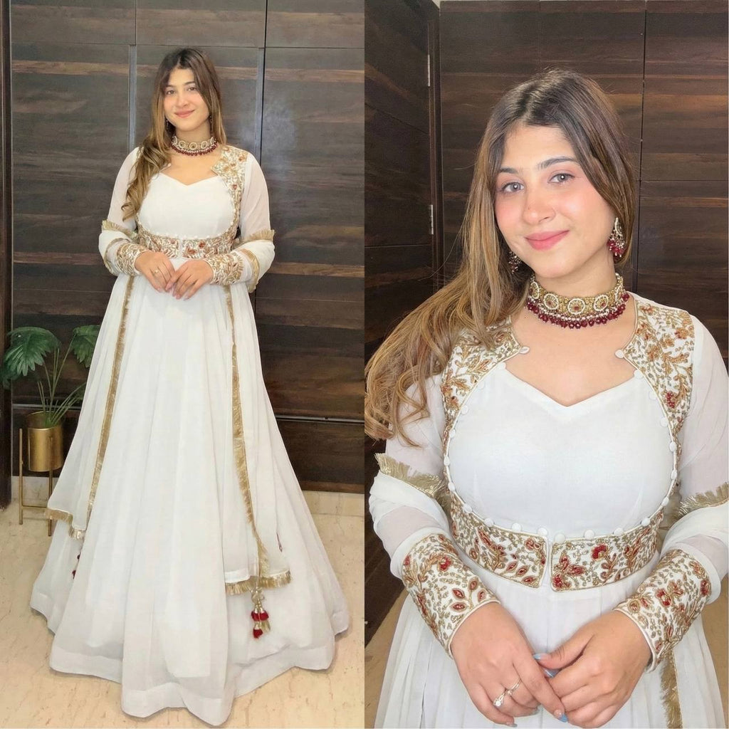 Designer Faux Georgette Maxi Anarkali Suit with Embroidered Koti, Pant & Dupatta – Festive Collection