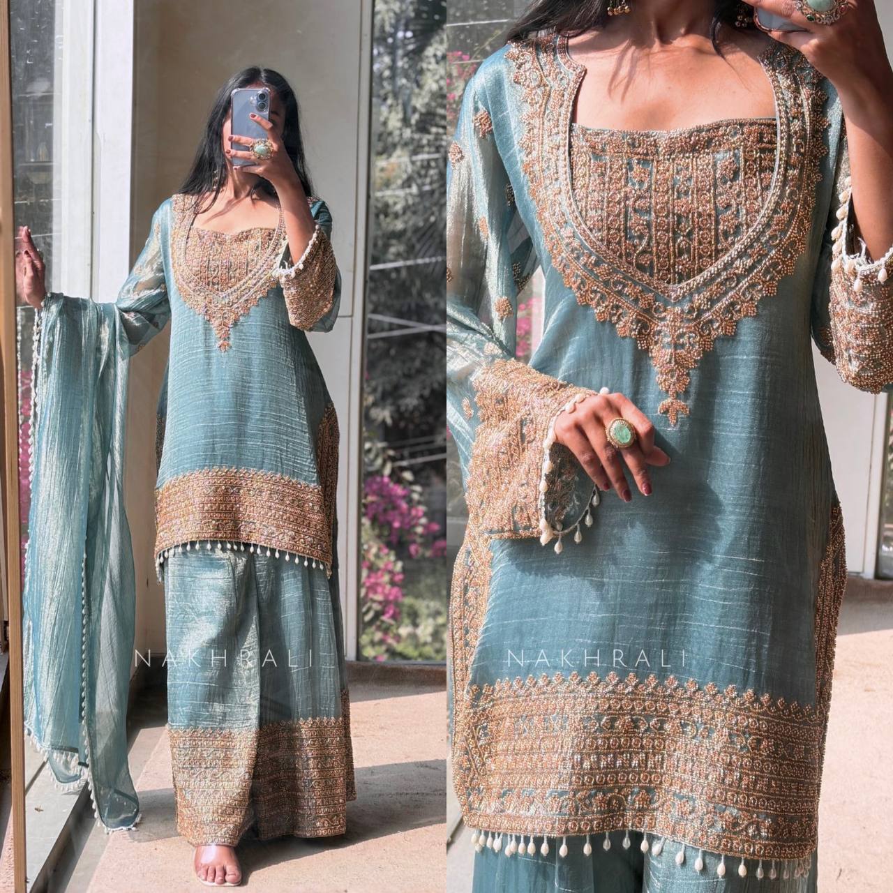 Luxury Women’s Crunchy Silk Kurta Sharara Set with Dupatta – Festive Embroidered Collection