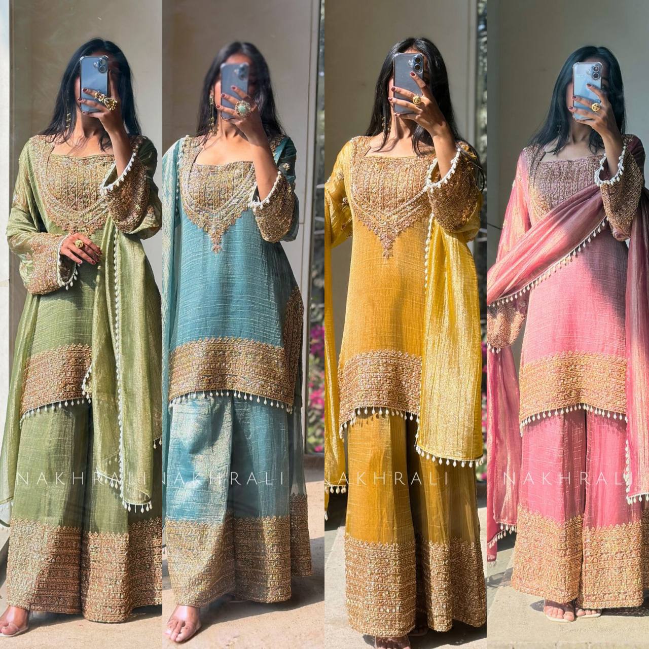 Luxury Women’s Crunchy Silk Kurta Sharara Set with Dupatta – Festive Embroidered Collection