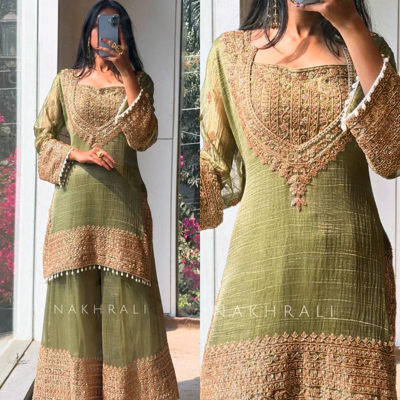 Luxury Women’s Crunchy Silk Kurta Sharara Set with Dupatta – Festive Embroidered Collection