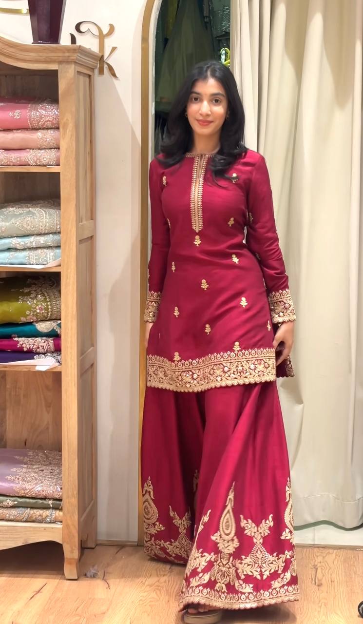 Gorgeous Women’s Crepe Silk Anarkali Suit Set with Sharara & Organza Dupatta – Wine