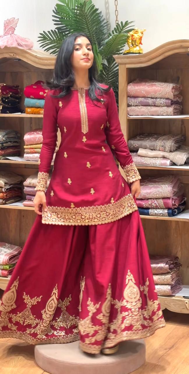 Gorgeous Women’s Crepe Silk Anarkali Suit Set with Sharara & Organza Dupatta – Wine