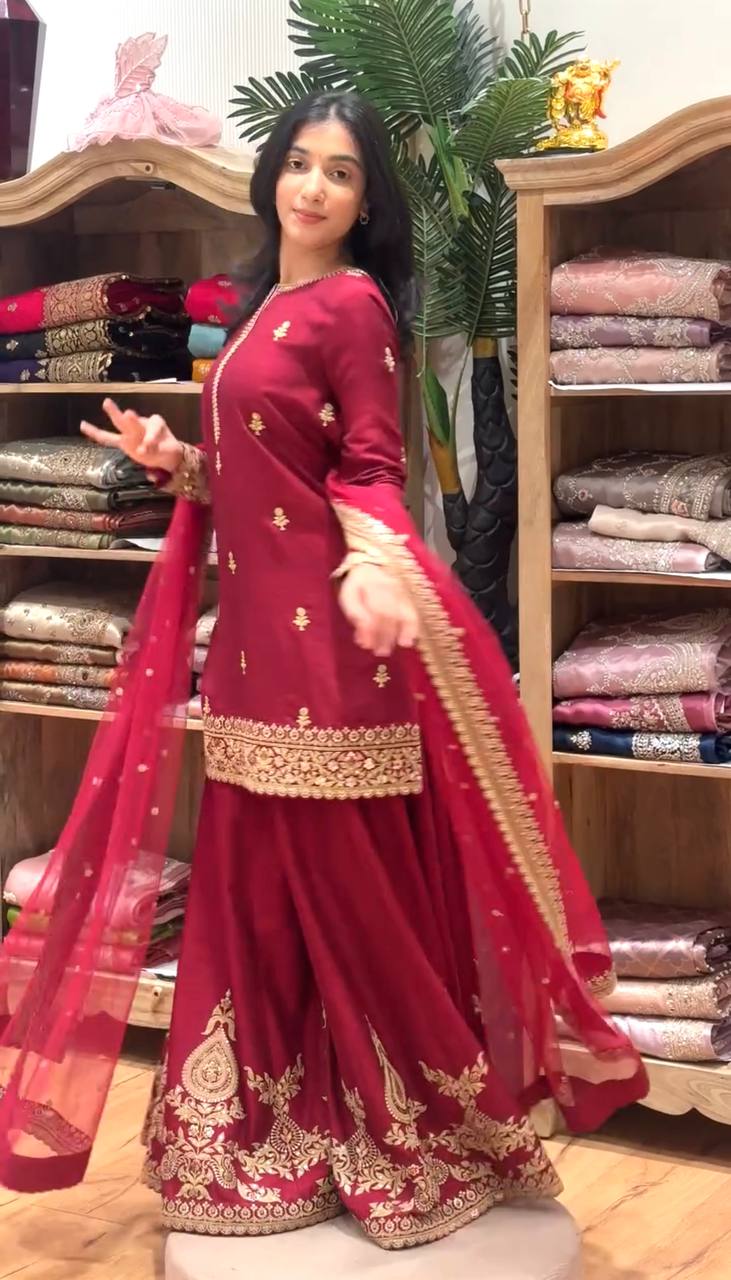 Gorgeous Women’s Crepe Silk Anarkali Suit Set with Sharara & Organza Dupatta – Wine