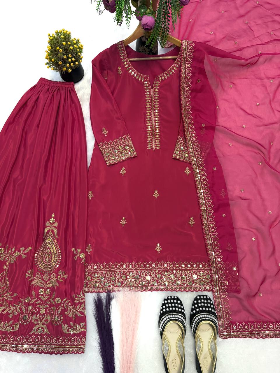 Gorgeous Women’s Crepe Silk Anarkali Suit Set with Sharara & Organza Dupatta – Wine
