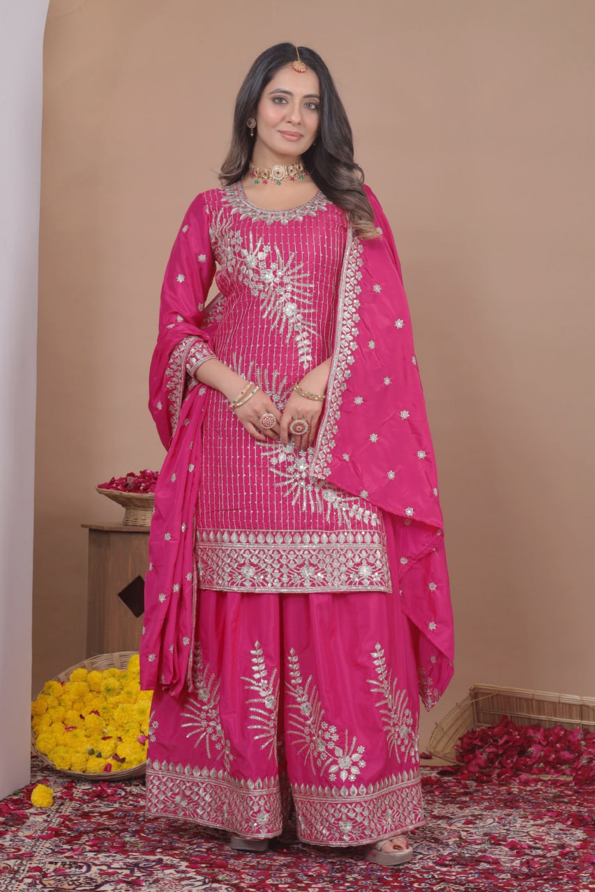 Designer Natural Crepe Embroidered Sharara Suit Set – Double Sequin Festive Edition
