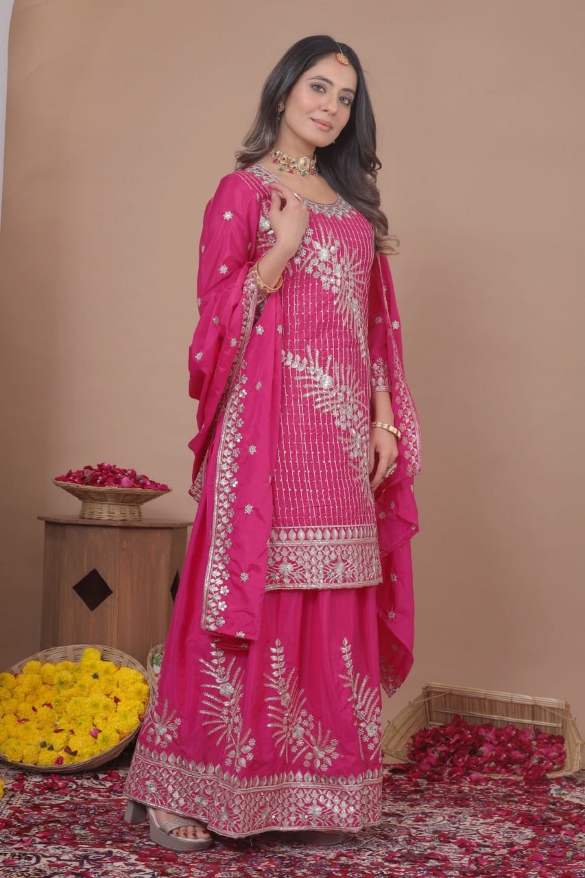 Designer Natural Crepe Embroidered Sharara Suit Set – Double Sequin Festive Edition