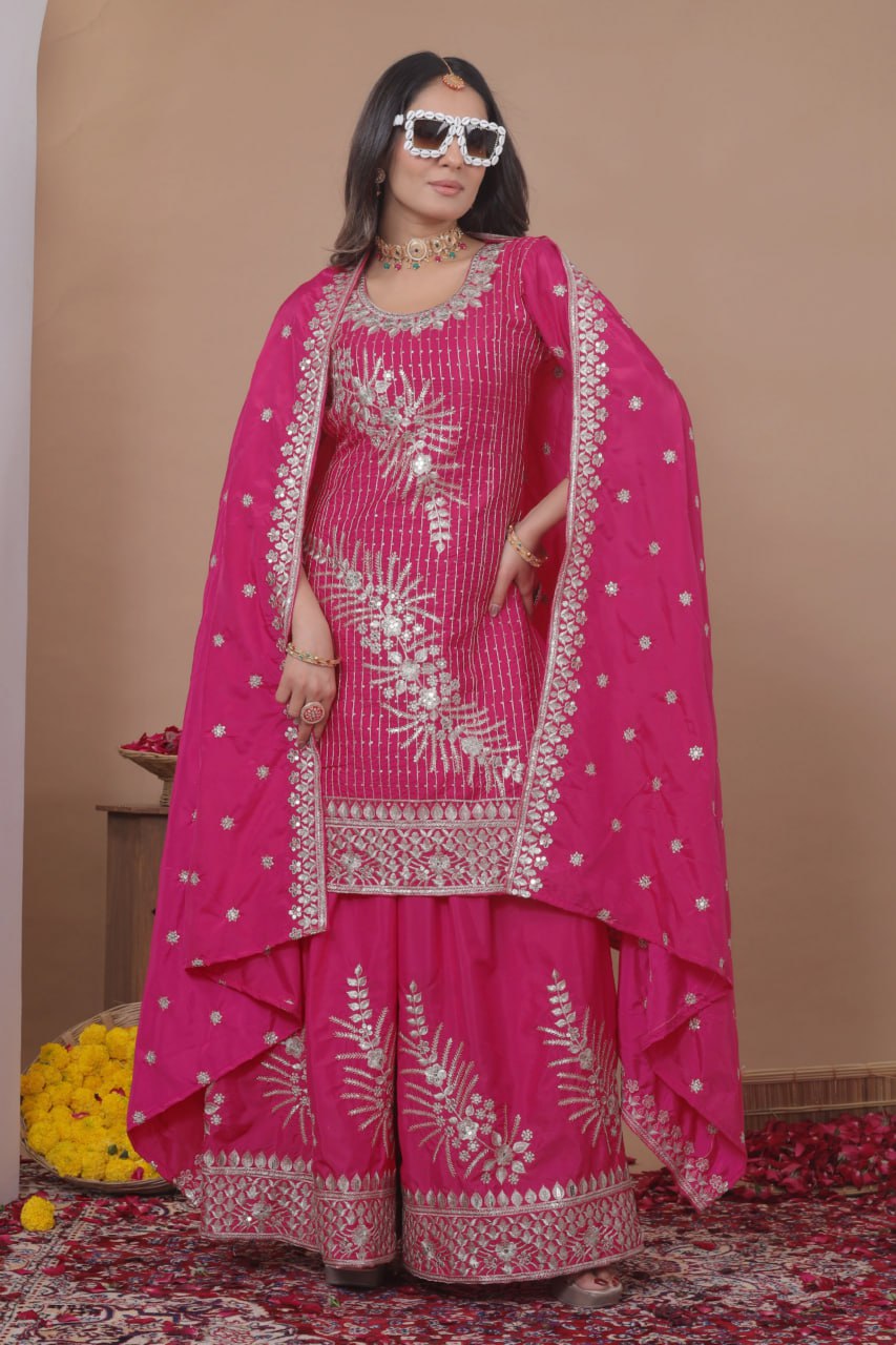 Designer Natural Crepe Embroidered Sharara Suit Set – Double Sequin Festive Edition