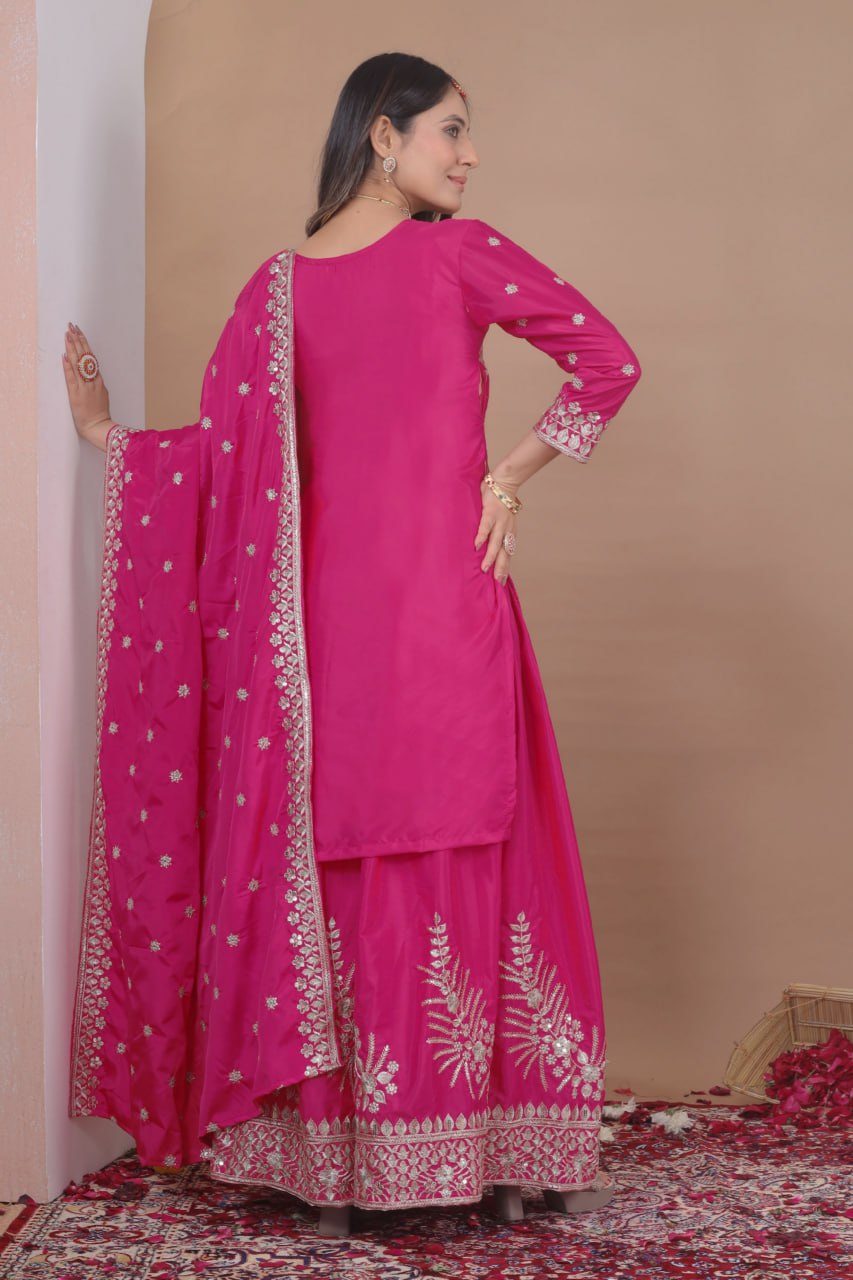Designer Natural Crepe Embroidered Sharara Suit Set – Double Sequin Festive Edition