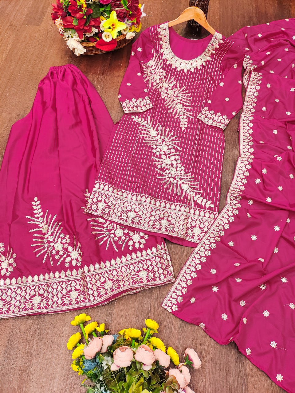 Designer Natural Crepe Embroidered Sharara Suit Set – Double Sequin Festive Edition