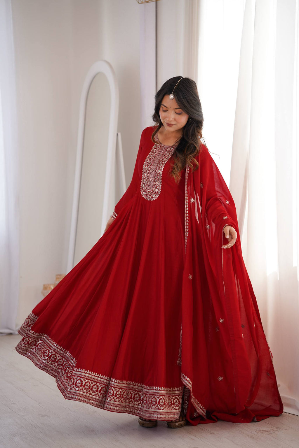 Heavy Blooming Silk Full Flare Anarkali Gown with Embroidered Dupatta & Pant Set