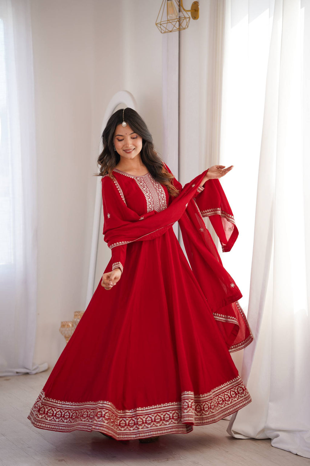 Heavy Blooming Silk Full Flare Anarkali Gown with Embroidered Dupatta & Pant Set