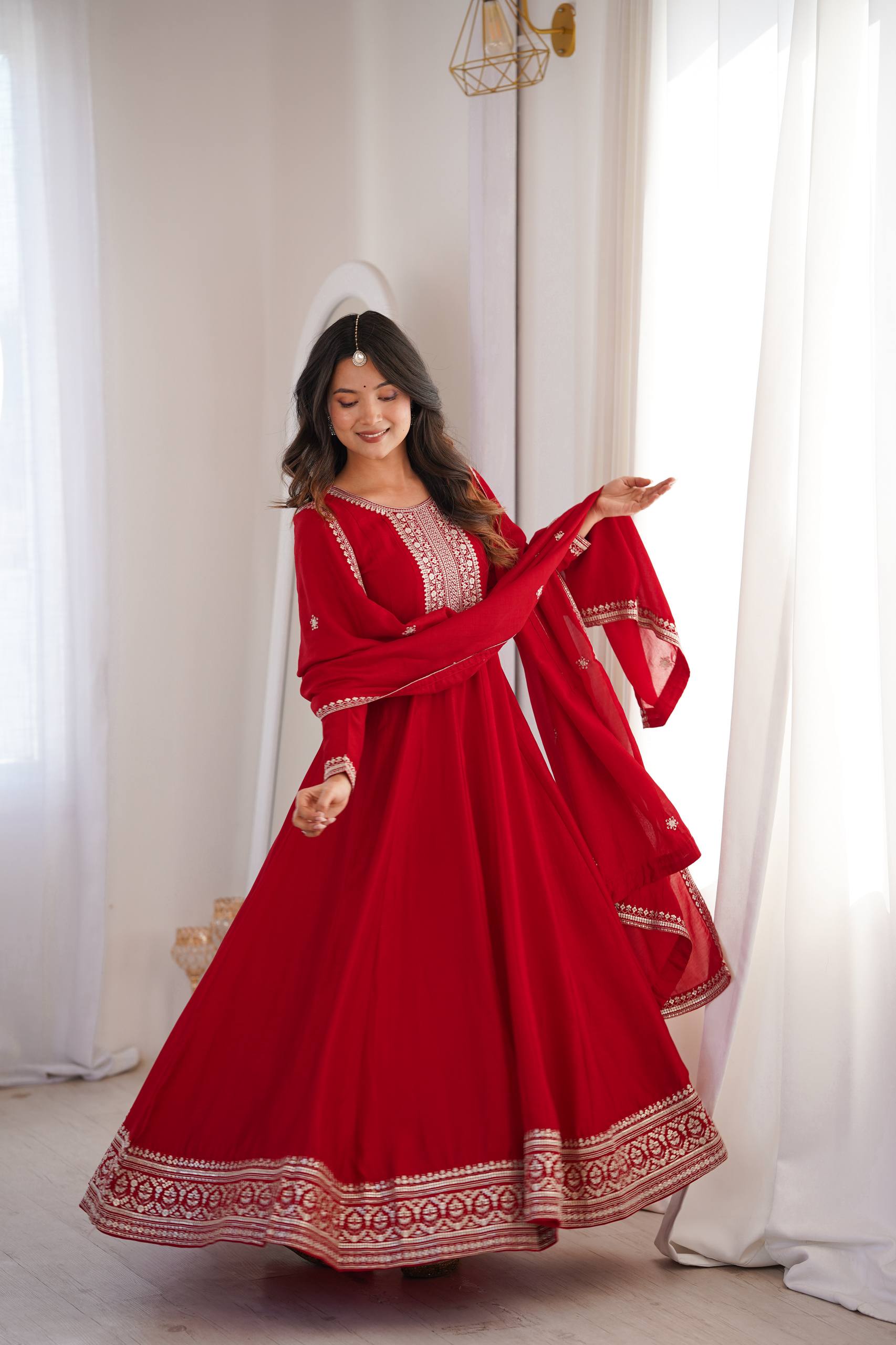 Heavy Blooming Silk Full Flare Anarkali Gown with Embroidered Dupatta & Pant Set