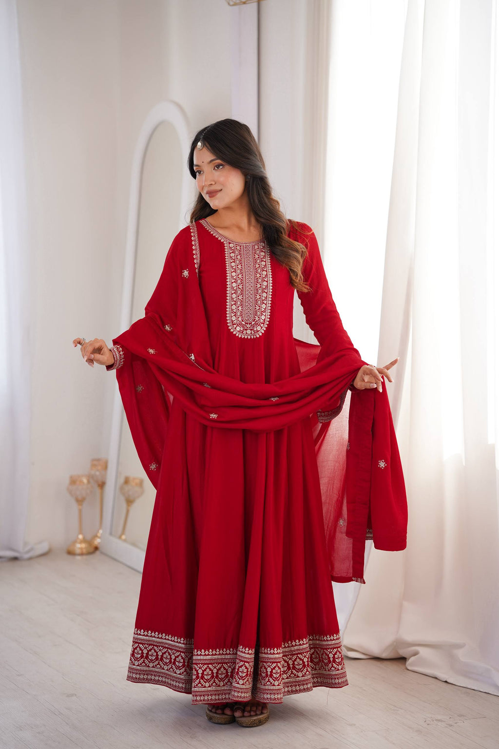 Heavy Blooming Silk Full Flare Anarkali Gown with Embroidered Dupatta & Pant Set