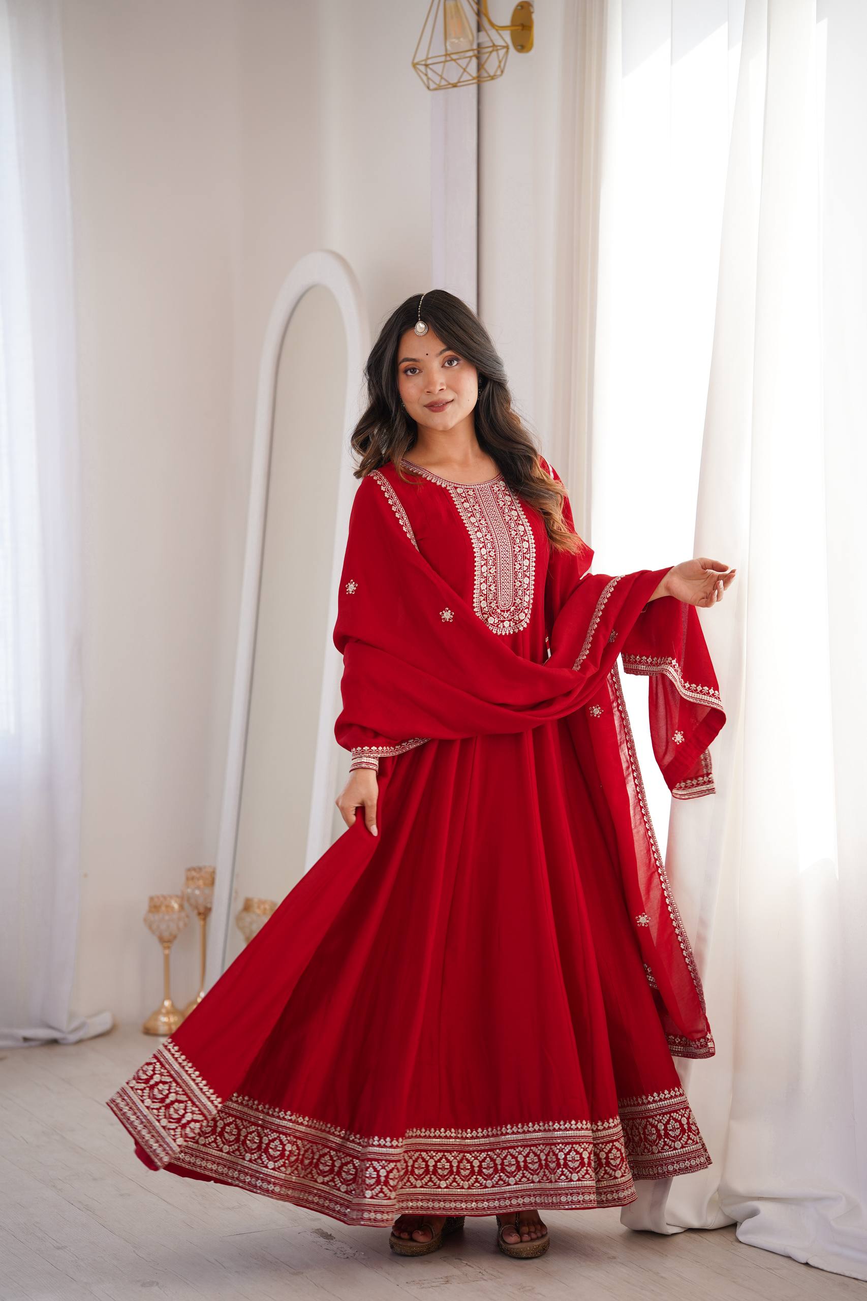 Heavy Blooming Silk Full Flare Anarkali Gown with Embroidered Dupatta & Pant Set